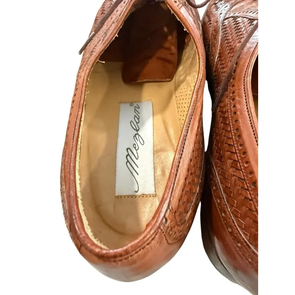 Mezlan Men's Woven Brown Leather Cap Toe Oxford Dress Shoes Size 8W Weaved